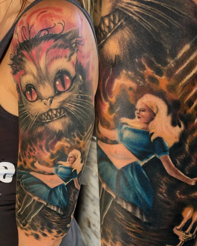 Alice in Wonderland themed color sleeve with a grinning red-eyed Cheshire cat over flames and Alice below, shown from two angles