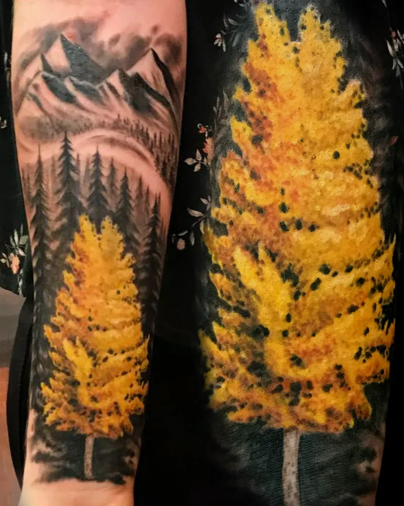 Color landscape tattoo of a golden aspen tree against black and gray mountains and pine forest, shown on two arms
