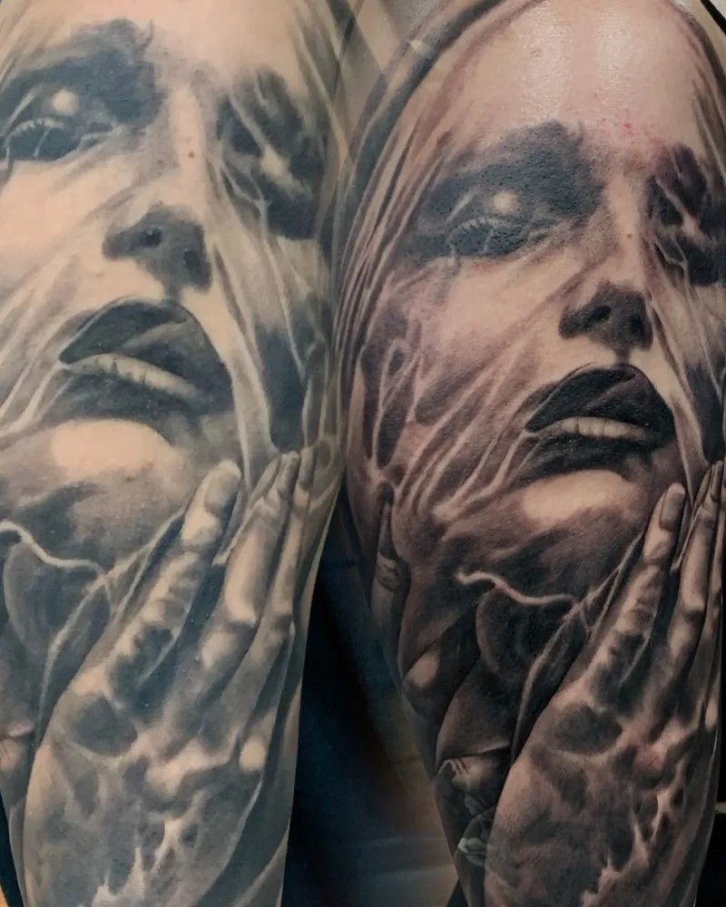 Side-by-side healed and fresh views of a veiled woman's face tattoo on the upper arm