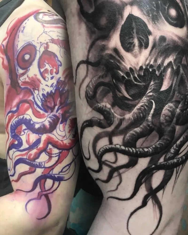 Split comparison of two freehand tattoos: a color skull with tentacles and a black and gray monster skull with tentacles