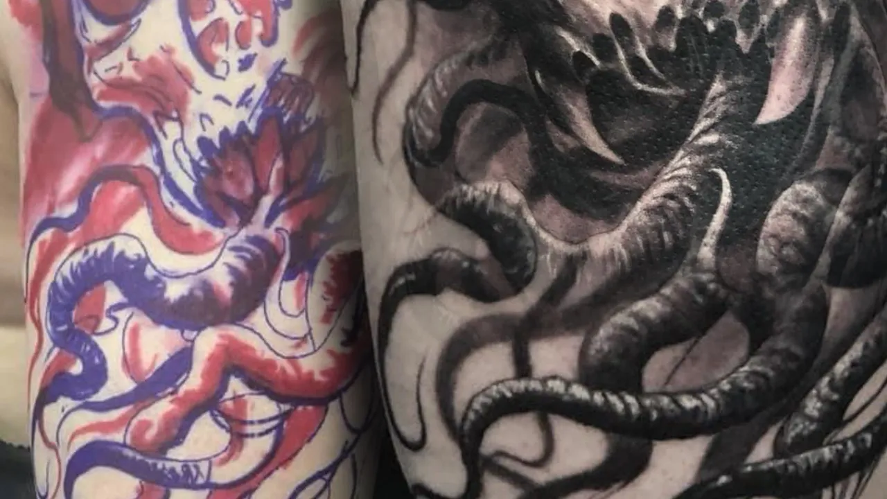 Split comparison of two freehand tattoos: a color skull with tentacles and a black and gray monster skull with tentacles