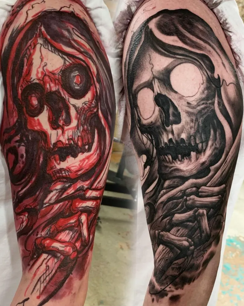 Before and after freehand skull tattoo, from red-line sketch to finished black and gray piece