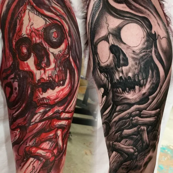 Before and after freehand skull tattoo, from red-line sketch to finished black and gray piece